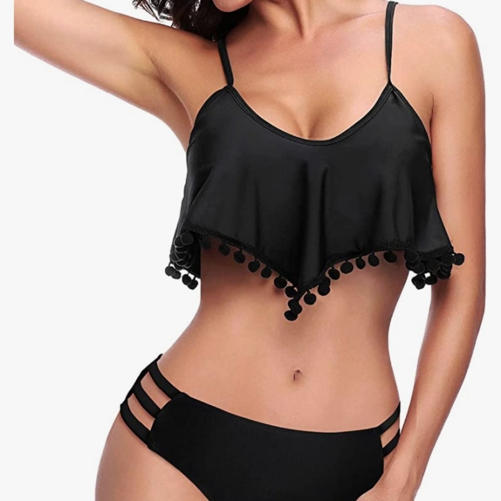 Women's Black Pom Pom Bikini Set